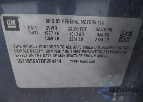 2013 Chevrolet Malibu 1Ls z USA, uszkodzony, nr VIN 1G11B5SA7DF294414